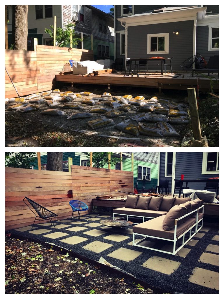 Queen Anne renovation before and after: the back patio. In the before picture, the patio area has been cleared and has bags of dark gray gravel lying on it. After, the gravel is in place, surrounding tan square concrete tiles. Two modern outdoor chairs and an L-shaped couch with brown cushions surround a fire pit.