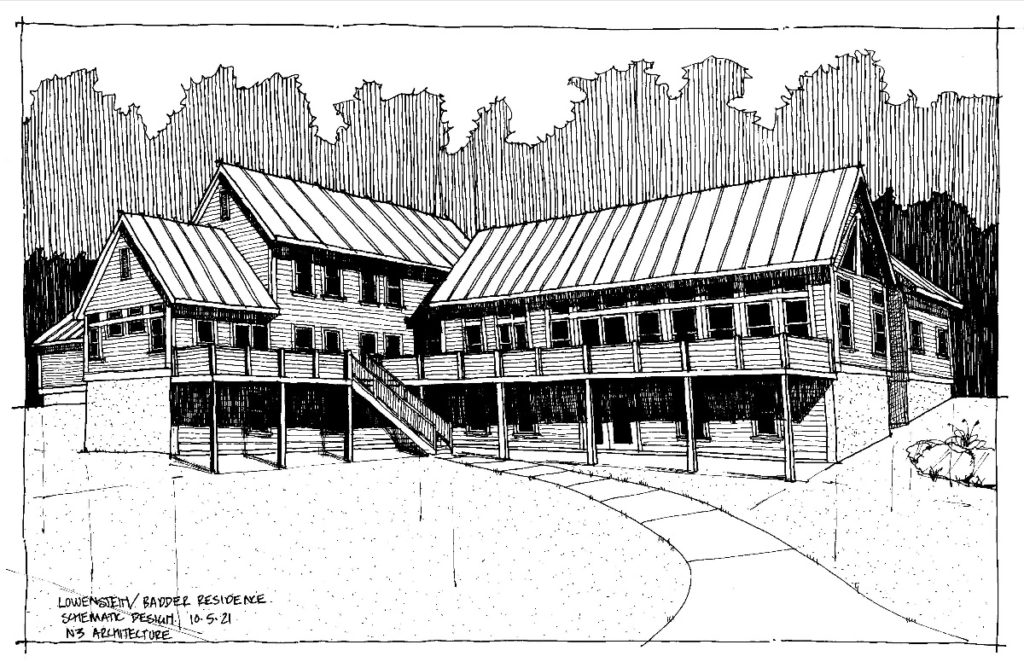 A black and white line drawing of a house design by Chris Novelli, labeled "Lowenstein/Badder Residence Schematic Design, N3 Architecture". The house has three roof gables and an extensive deck.  