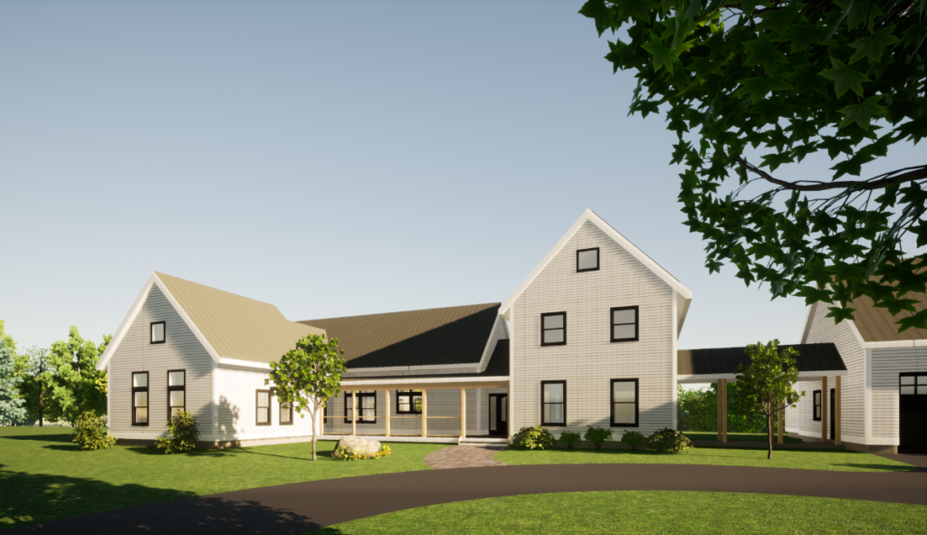 A 3d model of a long, shallow two-story house with gabled roofs, as seen from the driveway.
