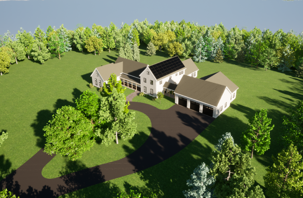 A 3d model of a long, shallow two-story house with gabled roofs, viewed from slightly overhead. The house is surrounded by trees. A model like this helps homeowners avoid common renovation mistakes.